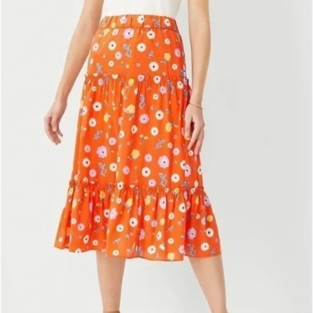 Ann Taylor Floral Gathered flounce Tiered Midi Skirt in Orange Spark